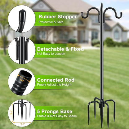Gtongoko Bird Feeder Pole for Outdoors Heavy Duty, 2 Pack 108 Inch Double Shepherds Hook with 5-Prong Stable Base, 3/4 Inch Thick Hummingbird Feeder Stand for Hanging Plants, Lanterns