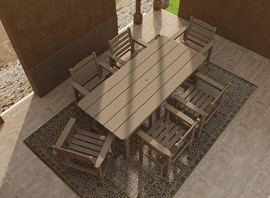 7-Piece Brown HDPE Patio Table and Chairs Set, Weather Resistant Outdoor HDPE Dining Table Sets with Umbrella Hole for Lawn, Garden, Deck, Poolside, Balcony