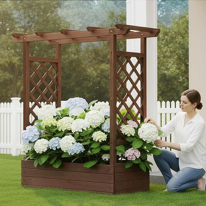 VINGLI Raised Garden Bed with Trellis & Hanging Roof, Wooden Garden Bed, Outdoor Planter Box for Yard, Garden, Balcony (Carbonized Wood Color, Medium)