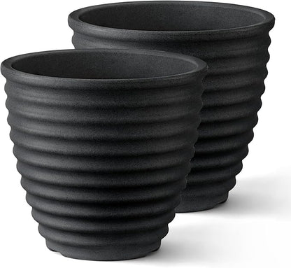 ARBORA 16" Ibiza Polyresin Indoor and Outdoor Planter with Classic Black Finish - Durable, Weatherproof, Lightweight, Large Plant Pot for Patio, Garden, Deck, Entryway - 2 Pack