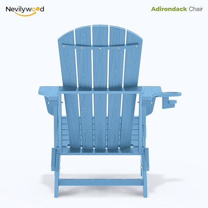 nevilywood Folding Adirondack Chair with Cup Holder,All-Weather Adirondack Chair,Patio Chair,HDPE-Wooden Textured Lawn Chair- Light Blue