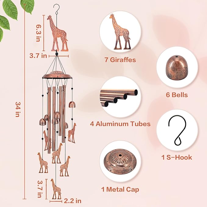 Giraffe Wind Chimes for Outside,Giraffe Gifts for Women Men/Memorial Gifts/Birthday Gift Metal windchimes Outdoors/Indoors,Garden Decor,Patio,Home,Porch,Yard Decorations