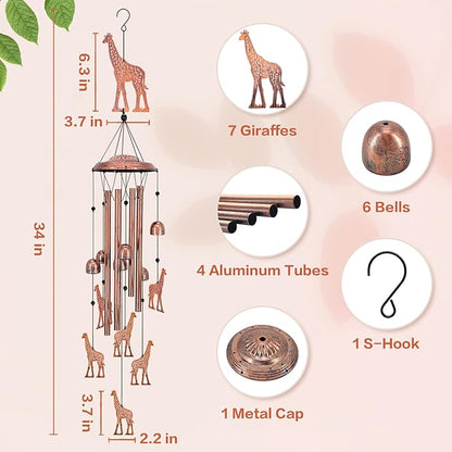 Giraffe Wind Chimes for Outside,Giraffe Gifts for Women Men/Memorial Gifts/Birthday Gift Metal windchimes Outdoors/Indoors,Garden Decor,Patio,Home,Porch,Yard Decorations