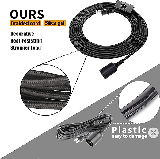 HESSION 2 Pack Plug-in Pendant Light, 16.4Ft Vintage Industrial Edison Light Socket Silica Gel E26/E27 Base, Black Round Hanging Pendant Light Cord, Hanging Lamp Extension Cable with On/Off Switch