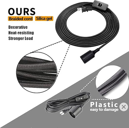 HESSION 2 Pack Plug-in Pendant Light, 16.4Ft Vintage Industrial Edison Light Socket Silica Gel E26/E27 Base, Black Round Hanging Pendant Light Cord, Hanging Lamp Extension Cable with On/Off Switch