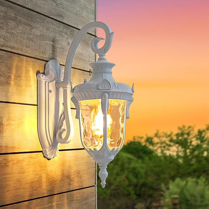 Outdoor Wall Lights, Waterproof Aluminum Porch Wall Light for Outside House, Patio, Yard, Garden, White Gooseneck Exterior Wall Sconce, Hardwired Outdoor Acorn Shape Lantern Lamp, Water Ripple Glass