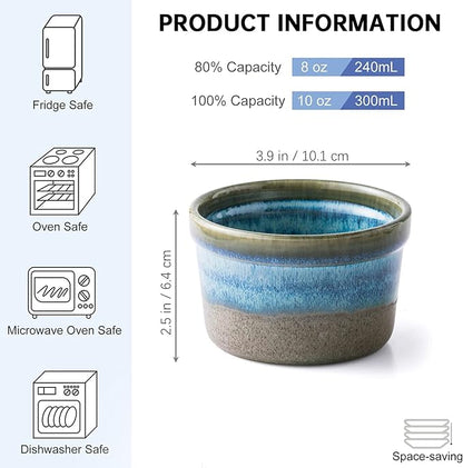 Ceramic Ramekins, 8 oz Creme Brulee Baking Cups, Set of 4, Light Blue | Reactive Glaze Finish, Oven Safe, Ideal for Souffle, Custard, Pudding, Dips, Ice Cream & Appetizers