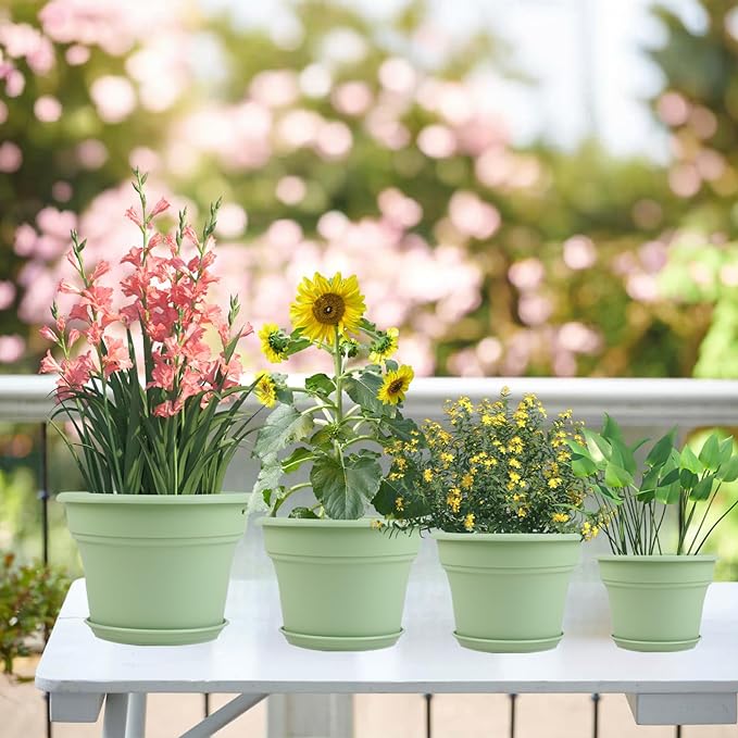 Pottiffe 10 Inch Plastic-Flower-Pot-for-Indoor-Plants, 4 Pack Large Outdoor Planter Pot with Drainage Holes & Saucers, Resin Decorative Garden Pots Planters