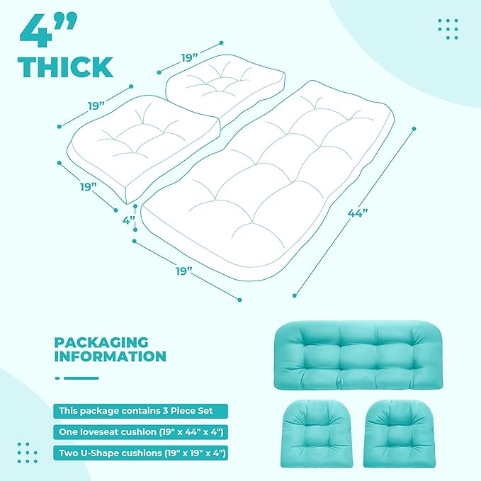 DANGHOOGY Wicker Chair Cushions, Waterproof Outdoor Loveseat Cushions for Patio Furniture, Tufted Wicker Furniture Cushions, 1 Loveseat and 2 U-Shaped Cushions, Teal