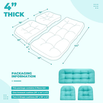 DANGHOOGY Wicker Chair Cushions, Waterproof Outdoor Loveseat Cushions for Patio Furniture, Tufted Wicker Furniture Cushions, 1 Loveseat and 2 U-Shaped Cushions, Teal