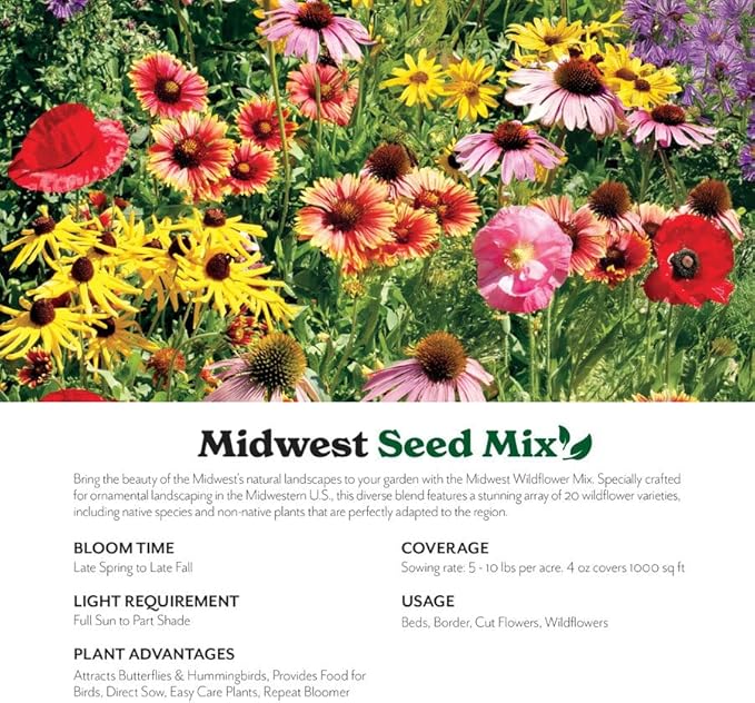 Grow Your Own Vibrant Annual and Perennial Wildflower Garden Seeds Mixture, Varieties for Pollinators and Spring Gardens - Midwest Regional Mix, 10 lbs