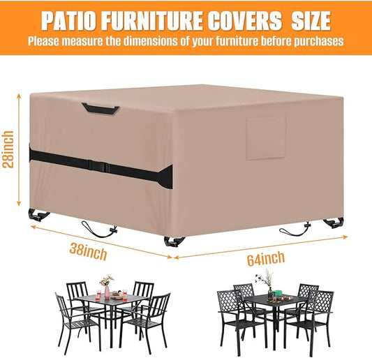 Kovshuiwe Rectangular Patio Heavy Duty Table Cover -Garden Furniture Covers for Shade and Rain, 600D Oxford Cloth Waterproof Outdoor Dining Table and Chairs Furniture Cover 64" L x 38" W x28 H,Khaki