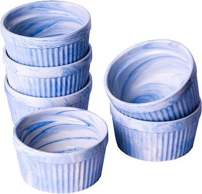 Yundu 8 Ounce Blue Marble Ceramic Ramekins, Set of 6
