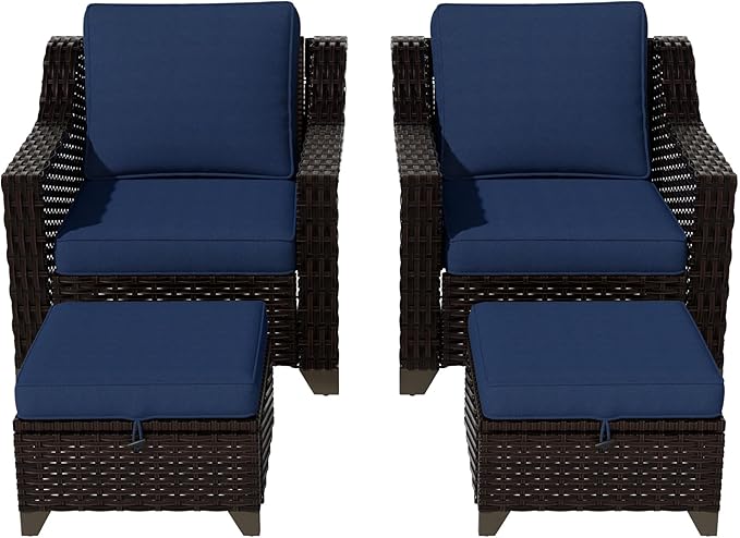 VistaVibe 4 Pieces Outdoor Patio Conversation Furniture Set - 2 Luxurious Armchairs | 2 Wicker Ottomans, Removable Cushions, Hand-Woven PE Rattan, Office, Porch (Brown/Navy)