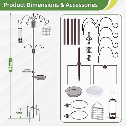 94" Bird Feeding Station Kit with Multiple Hooks, Heavy Duty Metal Bird Feeding Station with Seed Tray & Mesh Basket, Easy Assembly Ground Mounted Bird Feeder Pole for Garden Yard Outdoor