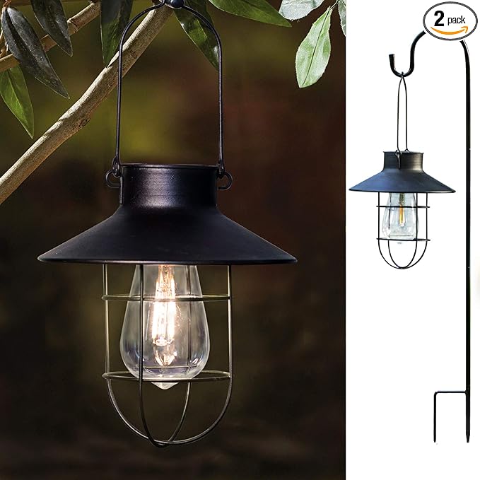 2 Pack EKQ Hanging Solar Lights Lantern Lamp with Shepherd Hook, Metal Waterproof Edison Bulb Lights for Garden Outdoor Pathway (Black)