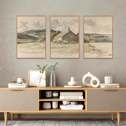 FWIEXA Nature Christian Bible Verse Framed Canvas Wall Art Set, Floods Mountain Houses Jesus Wall Decor, Vintage Easter Artwork, Inspirational Quotes Art Prints for Prayer, Bedroom - Size 24"x36"x3