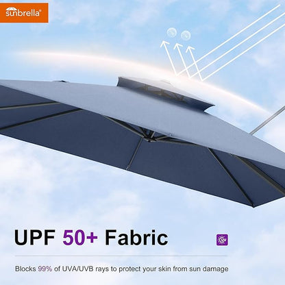 PURPLE LEAF Cantilever Umbrella with Base Included 12FT Outdoor Square Double Top Large Offset Hanging 360° Rotation Heavy Duty Umbrella for Garden Patio Deck Pool Spectrum Denim
