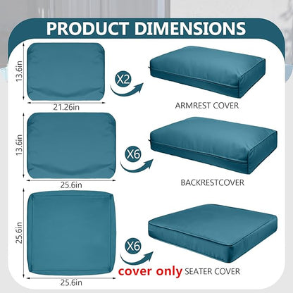 14 Piece Outdoor Patio Waterproof Cushion Covers, Fits 6-Seat Wicker Rattan Sectional Couch Chair Furniture Cover Replacement Set - Fade-Resistant Patio Cushion Covers with Zipper