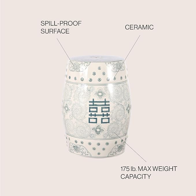 JONATHAN Y Double Happiness 18" Ceramic Garden Stool, Traditional Chinoiserie Dusty Teal and White Indoor/Outdoor Patio Drum Accent Side Table and Plant Stand TBL1013C