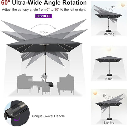 PURPLE LEAF 8' X 10' Left-right Tilting Patio Umbrella with Base Outdoor Swivel Cantilever Offset Aluminum Umbrella with Champagne Frame and 360-degree Rotation for Garden Deck Pool, Grey