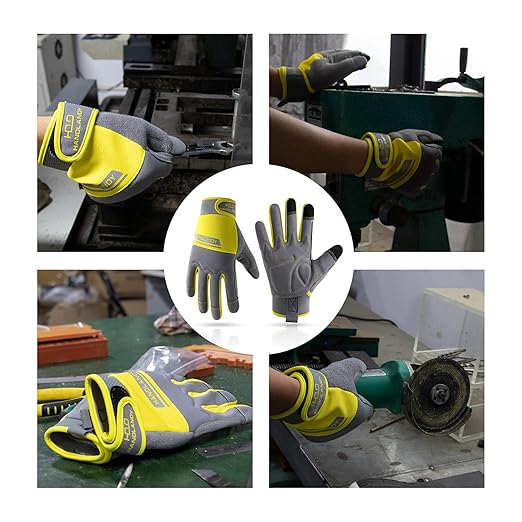 HANDLANDY Work Gloves Mens & Women, Utility Safety Mechanic Working Gloves Touch Screen, Flexible Breathable Yard Work Gloves (Small, Grey&Yellow)