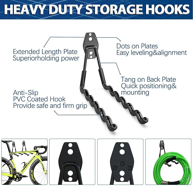 3-H Heavy Duty Garage Hooks with Extra Welding Spots, Utility Hooks for Hanging, Garage Organizer for Garden, Lawn, Yard Tools, Chairs, Ladders, WeedEater, Shovel(Black)