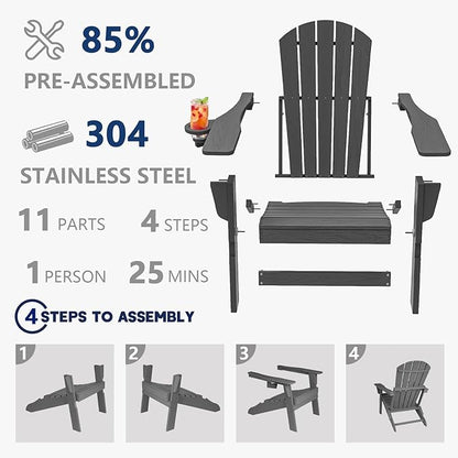 Plawdlik Folding Adirondack Chair, SGS Tested, Wooden Textured with Cup Holder, Heavy All-Weather HDPE Comfortable Set Poolside Backyard Lawn Grey Set 4