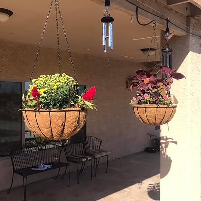 14 inch Metal Hanging Baskets For Plants Outdoor 4 Pack Round Metal Wire Hanging Basket Planter with Coco Fiber Liners Chain Round Wire Plant Holder for Garden, Patio, Deck, Porch Plants Flower Potss