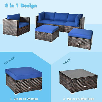 HAPPYGRILL 6-Pieces Patio Conversation Set Outdoor Rattan Wicker Furniture Set, Sectional Sofa Set with Glass Coffee Table Top, Ottoman, Cushions for Backyard Couch Garden Poolside Balcony