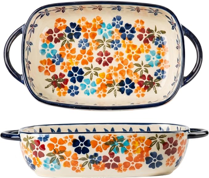 Ceramic Baking Dish with Handles, Hand-painted Polish Pottery Baking Dish Set of 2,Baking Pan Lasagna Pan, Rectangular, Floral Pattern, Oven Safe, 13.22x7.5x2.8 Inch (orange)