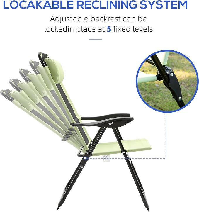 Outsunny Folding Patio Dining Chairs Set of 2, Outdoor Deck Chair with Adjustable Sling Back, Camping Chair with Removable Headrest for Garden, Backyard, Lawn, Green