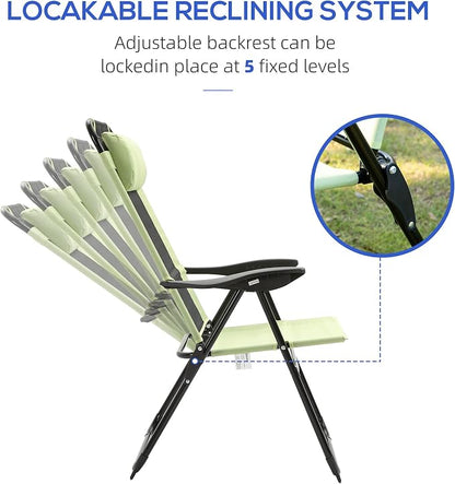 Outsunny Folding Patio Dining Chairs Set of 2, Outdoor Deck Chair with Adjustable Sling Back, Camping Chair with Removable Headrest for Garden, Backyard, Lawn, Green