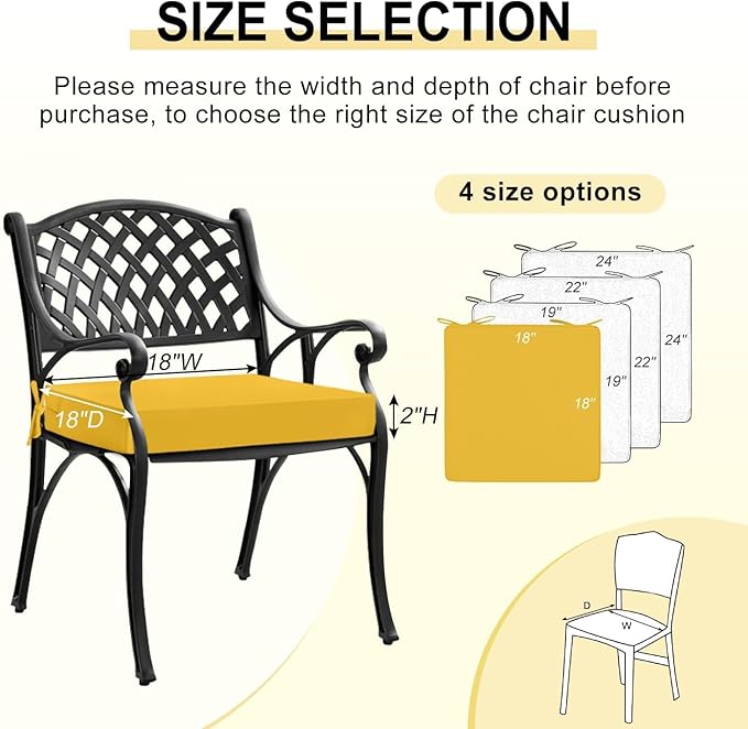 downluxe Waterproof Outdoor Chair Cushions for Patio Furniture, 18" x 18" x 2" Patio Chair Cushion with Adjustable Ties & Portable Handle, Square Outdoor Cushion with Removable Cover, Yellow, 2 Pack