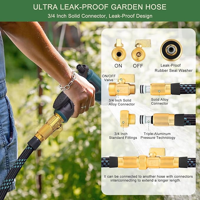 Garden Hose Non-Expandable 75 ft, Lightweight Flexible Water Hose with 10 Function Spray Nozzle, Outdoor Leak Proof, Kink-Free, Portable Hose for Yard, Lawn, Camper, High-Density Fabric, Black Blue