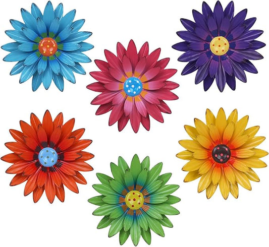 hogardeck Metal Flower Wall Decor - 6 PCS 8" Multicolor Flower Decor for Indoor Outdoor, Sunflower Kitchen Decor Floral Metal Wall Art, Sunflower Wall Decor for Bathroom, Living Room, Porch, Garden, Yard