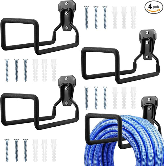 4 Pack Heavy Duty Garden Hose Holder Wall Mount, Metal Black Water Hose Hanger Reel Organizer for Outside Yard Storage