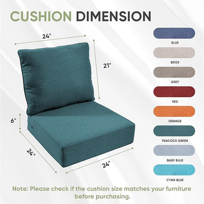 Outdoor Chair Cushions Set of 2, Waterproof 24x24 Patio Chair Cushions, 6" Thickened Seat Cushion for Outdoor Furniture, Couch Cushion Replacement, Include 2 Back & 2 Seat Cushions, Thick/PeacockGreen