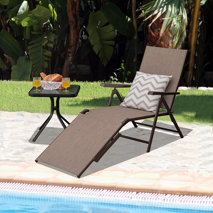 Tangkula Folding Lounge Chair Outdoor, Recliner Chaise Lounge with 5-Position Adjustable Backrest & 2-Position Footrest, No Assembly Required, Suitable for Patio Poolside Beach Yard (2, Brown)