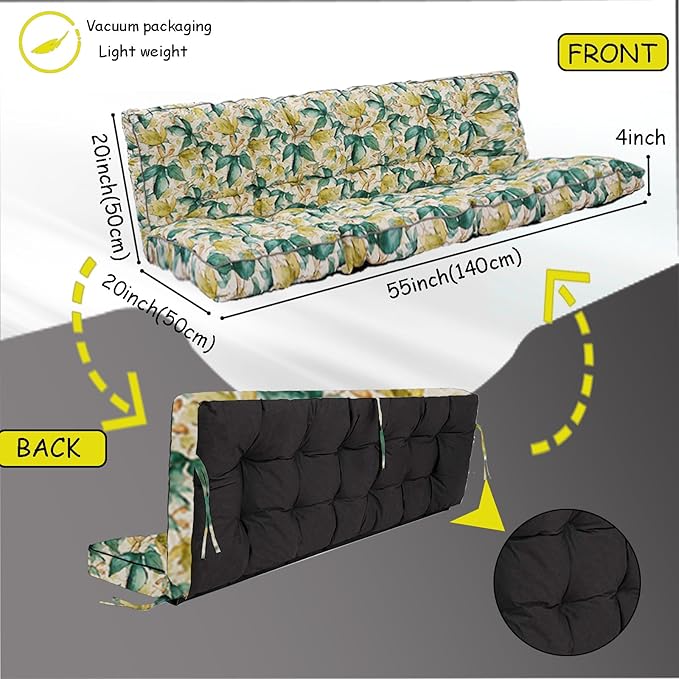 Porch Swing Cushion Three Seat, Waterproof Swing Cushions Replacement with Backrest, Outdoor Garden Furniture Patio 4" Thickened Cushions with Ties (Clover, 40 x 63in)