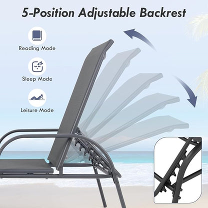 Giantex Patio Lounge Chair, Outdoor Chaise Lounge with 5 Adjustable Backrest, Sturdy Steel Frame, Sunbathing Recliner, Tanning Chair for Beach, Outside, Yard, Balcony, Pool Chairs (1,Dark Gray)
