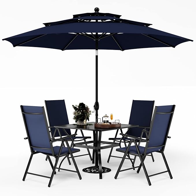 PHI VILLA Outdoor Dining Furniture Set with Umbrella, Patio Dining Set for 4 with Metal Outdoor Table and Chairs, Patio Table Set with Portable Folding Patio Chairs & Patio Umbrella, Blue