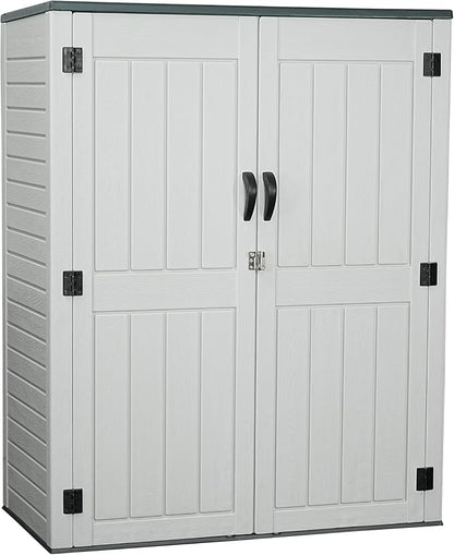 EHHLY Vertical Resin Storage Shed with 2 Shelves, 60 Cuft Garden Tool Sheds & Outdoor Storage, Plastic Outdoor Storage Cabinet Waterproof, 4.5 x 2.3 ft Outside Lawn Mower Storage Shed, Light Grey