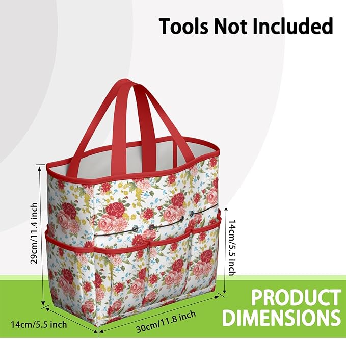 Floral Garden Tool Bag - Waterproof Garden Tote with 8 Pockets, Large Storage Home Organizer Gardening Tool Oxford Bag for Garden Tools Kits Holder, Ideal Outdoor Gardening Gift for Women & Men