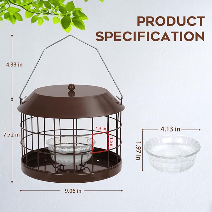Gbekery Caged Bluebird Feeder for Mealworms with Glass Bowl, Squirrel Proof Bird Feeder for Small Birds Only, Detachable Hook, Large Space, Outdoors Weatherproof, Metal, Brown