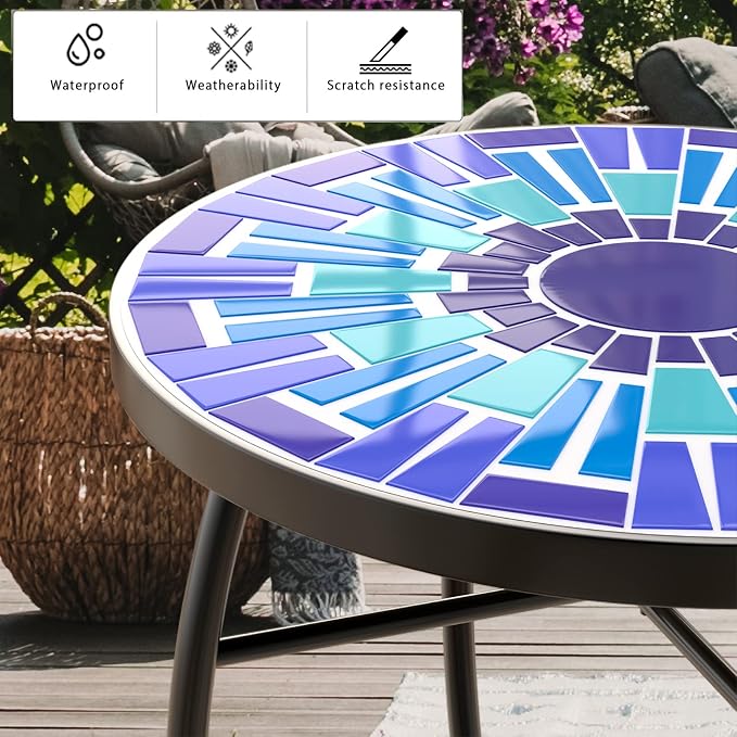FROMJBEST Mosaic Outdoor Side Table, Patio Side Table, Weather Resistant 14" Diameter 21" H Ceramic Tile Round Outside Table for Patio, Porch, Garden, Pool, Indoor&Outdoor,Plant Stand (Vortex)