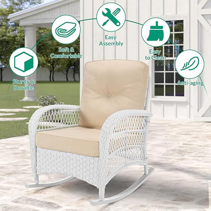 VIVIJASON 2 Piece Patio Wicker Rattan Rocker Chair, Outdoor Rattan Rocker Chair with Cushions & Steel Frame, All-Weather Rocking Lawn Wicker Furniture for Garden Backyard Porch (White Wicker/Beige)