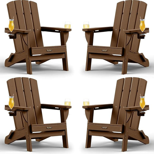 Folding Adirondack Chair 4 Pack, HDPE All-Weather Fire Pit Chairs, Plastic Adirondack Chairs with 2 Cup Holder, Outdoor Lawn Chair for Patio Garden (Brown)