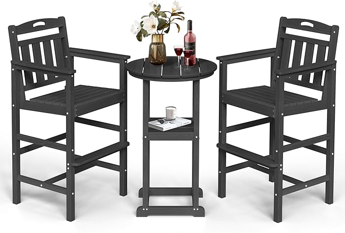 Ciokea Balcony Chairs and Table 3 Pieces Set, Outdoor High Top Bar Set, HDPE Oversized Adirondack Bar Chairs Set of 2 and Round Table for Outside Dining Bistro Poolside Backyard, Black