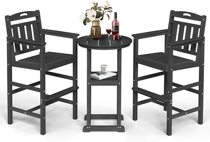 Ciokea Balcony Chairs and Table 3 Pieces Set, Outdoor High Top Bar Set, HDPE Oversized Adirondack Bar Chairs Set of 2 and Round Table for Outside Dining Bistro Poolside Backyard, Black